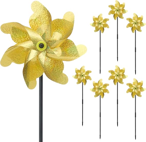 Premium PinWheels Sparkly Yellow Holographic Wind Spinners Scare Off Birds (Set of 8) - Bird Device for Outdoor - Humanely Keep Birds Away