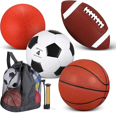 Deekin 4 Pcs Sport Balls Set for Kids Teens, Include Official Size Basketball Soccer Football Playground Ball and Pump Sports Equipment Bag Sports GiftNormal Color