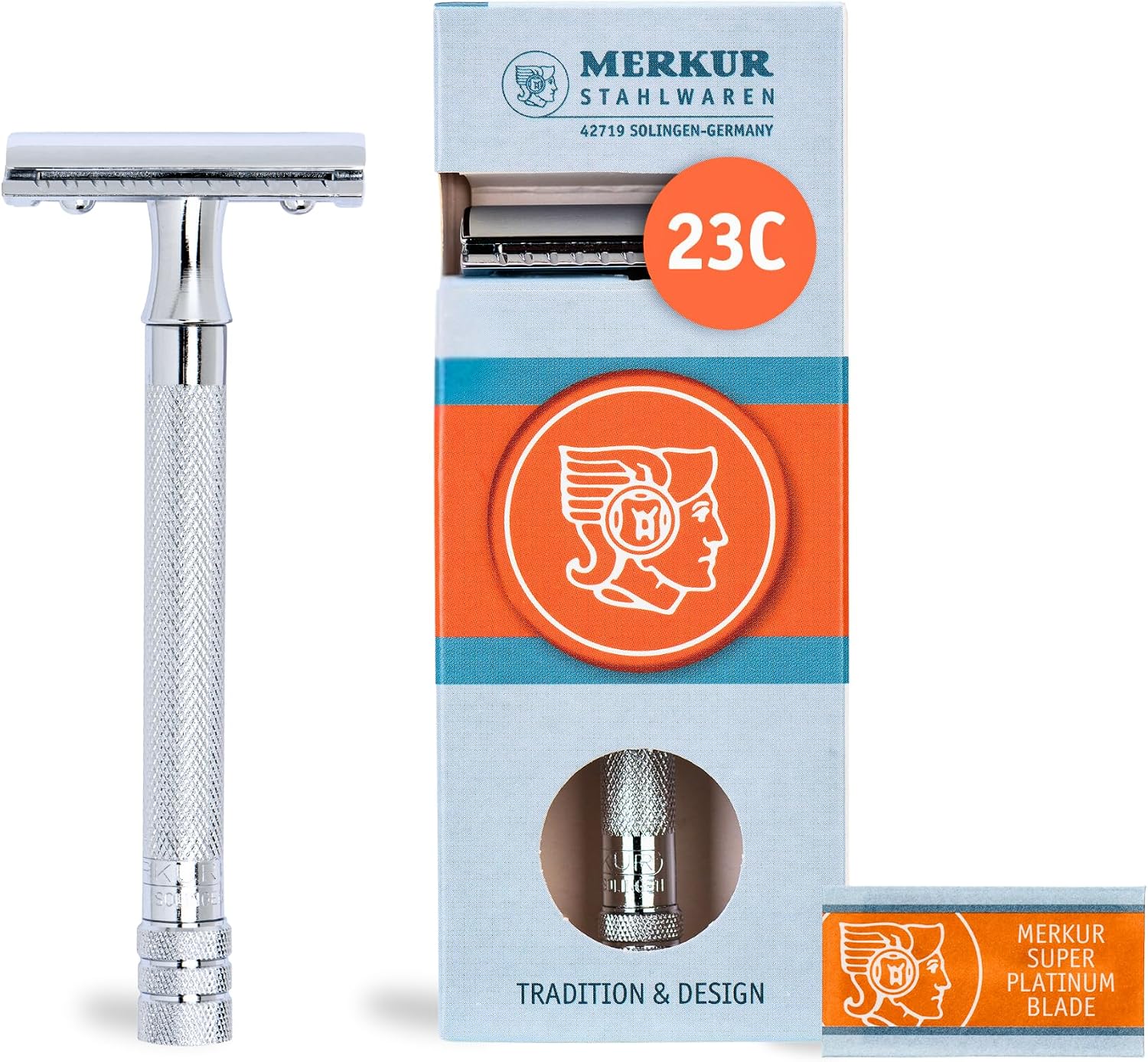 MERKUR Safety Razor 23C Classic with Long Handle Gloss Chrome Three-Piece Straight Cut Closed Comb Ideal for Wet Shaving Die-Cast Zinc Brass Handle Made in Germany