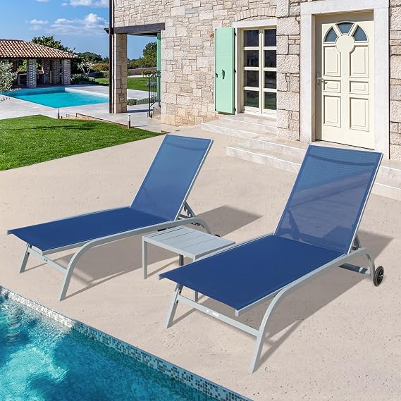 Domi Outdoor Chaise Lounge Chair with Wheels, Patio Lounge Chairs for Outside Set of 3, Sturdy Metal Frame with 5 Adjustable Position Recliner for Porch, Beach,Pool, Yard, Navy Blue