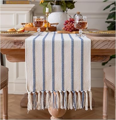 Caflife Boho Table Runner 108 Inchs Long Blue and Beige, Cotton and Linen Woven with Tassels, for Modern Rustic Farmhouse Neutral Table Runners, Bohemian Kitchen Dining Table Home Decor