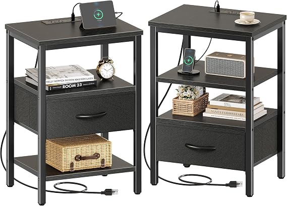 SUPERJARE Nightstand Set of 2 with Charging Station, USB-C Port, End Tables
