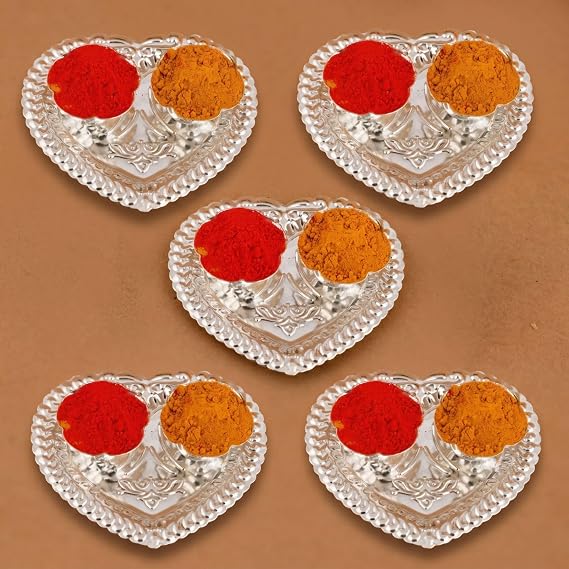 LOVENSPIRE Silver Plated Heart Shaped Haldi Kumkum Holder for Pooja Thali - Decorative Indian Roli Chawal Stand for Weddings, Housewarming & Return Gift Items 5 Pcs