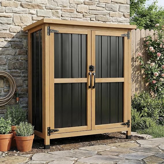 Small Outdoor Storage Cabinet for Patio, Weatherproof Lockable Deck Storage | Adjustable Shelf, Wood & Metal Design, Waterproof & Lockable, Fits Patio/Pool/Deck, Compact for Small Spaces, Easy Assembly