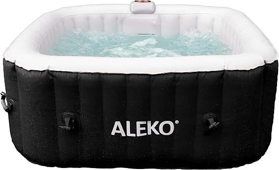 ALEKO Inflatable Hot Tub Spa | Personal High Powered Jetted Bubble | with Fitted Cover and 3 Filters | 160 Gallon | 4 Person Square | Black and White | HTISQ4BKWH