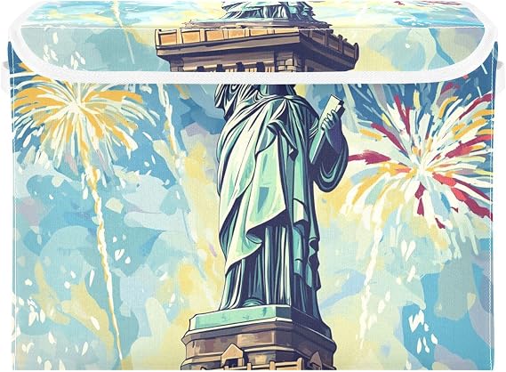 Blue Statue Of Liberty Stackable Storage Bins Cube Storage Bins With Lid for Clothes Room
