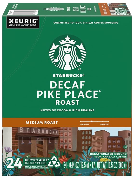 Starbucks Pike Place Decaffeinated Coffee Single-Serve K-Cup, 24 Count