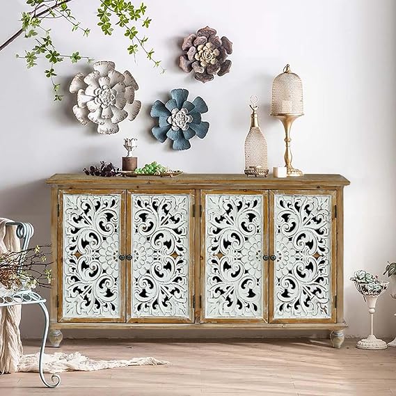 LUMISOL Accent Storage Cabinet with 4 Doors Farmhouse Sideboard Buffet with Wood Carved Floral Doors for Living Room, Dining Room, Entryway, Hallway, Natural