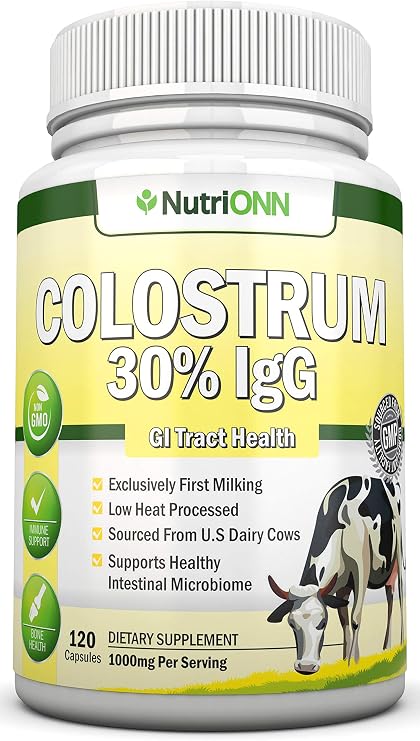 NutriONN Colostrum - 1000mg - 120 Capsules - 30% IgG - Non-GMO US Dairy - First Milking Bovine Colostrum - Low Heat Processed - Great for GI Tract Health - Immune Support - Bone and Muscle Health