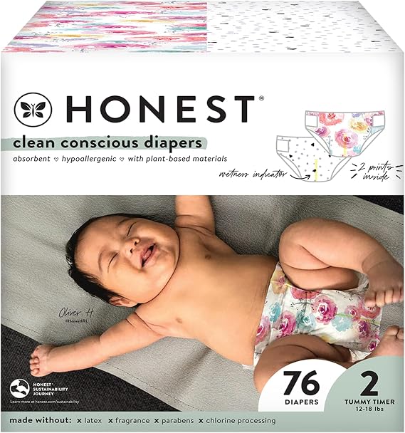 The Honest Company Comfort Dry Disposable Diapers Plant-Based Sustainable Young At Heart and Rose Blossom Club Box Size 2 12-18 lbs 76 Count