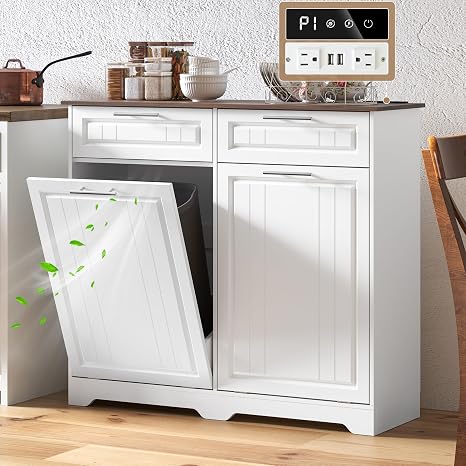 2 x 10 Gallon Double Tilt Out Trash Can Cabinet, Hidden Can Cabinet, White | Kitchen Trash Cabinet with Deodorizing Function & Charging Station, Laundry Hamper Cabinet with Drawers, Garbage Can Holder