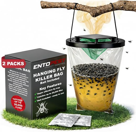 Entopest ProFly Hanging Fly Killer Bag, Outdoor Fly Catcher- Professional Quality High Strength Trap Catches 20,000 Flies - Super attract Non-Toxic Control Gardens, Farms & Paddocks (Pack of 2)