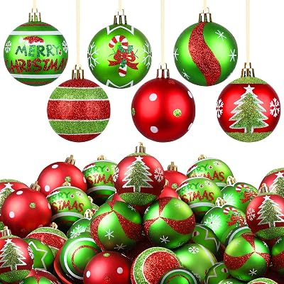 Lanpn 30 Pcs Outdoor Christmas Ornaments, 2.4 Mini Xmas Tree Elf Swirl Ball Decoration, Red Green Christmas Ornament Set, Glittering String Ball Plastic Hanging Decor for Yard Lawn Holiday Party