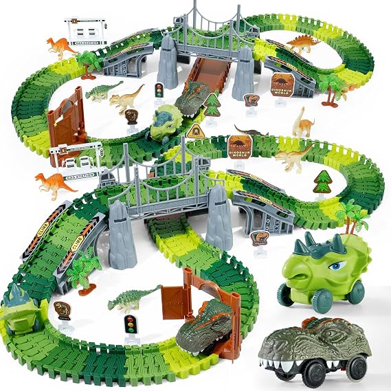 Dinosaur Toys Dinosaur Race Track for Kids 3-5 Years Old Flexible Train Track Set with Dinosaur and Car Toddler Toys for 3 4 5 6 7 8 9 Years Old