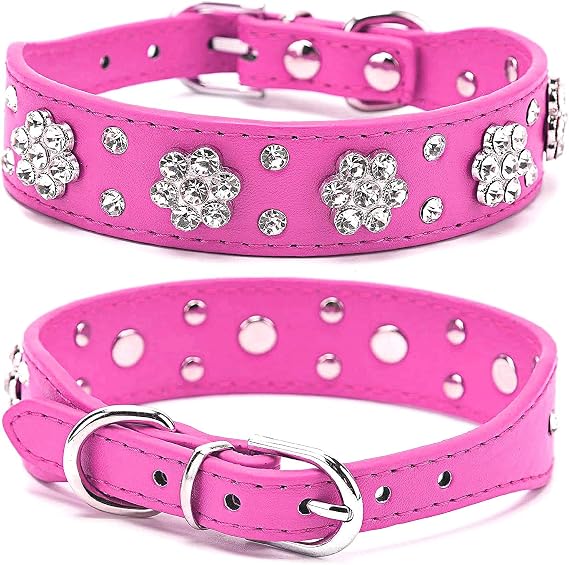 Rhinestone Dog Collar, Cute Flower Rhinestone Bling Collar PU Leather Adjustable Sizes Small Medium Large (S, Hot Pink)