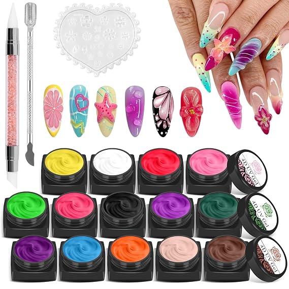 EBANKU 14 Colors Sculpture Painting Nail Gel Set 3D Nail Carved Gel | Sculpture Creative DIY Decoration Painting Glue with Silicone Mold, Silicone Pen, Cuticle Pusher and Carving Brush