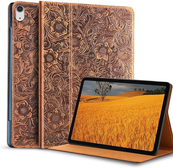 Gexmil Leather Case for iPad Air 13 Inch M4/M3/M2 2026/2025/2024 | Genuine Leather Cover for iPad Air 13" 2026/2025/2024,Smart Folio Auto Sleep/Wake,Protective,Adjustable Stand,Brown Floral