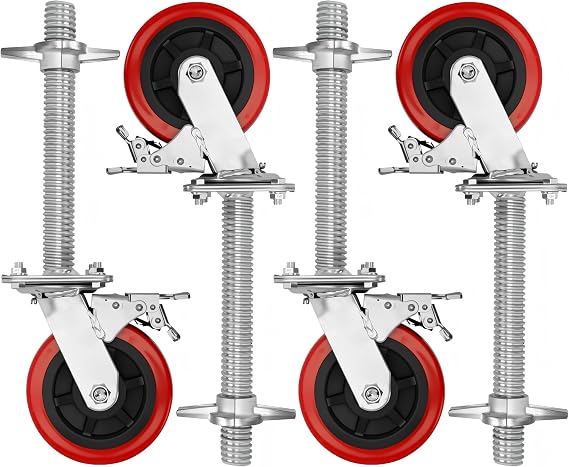 6 inch Scaffolding Caster Wheels with Brake, 1-1/4" OD Scaffold Screw, 12" Hight Screw 4 Pack Adjustable Leveling Scaffolding Wheels