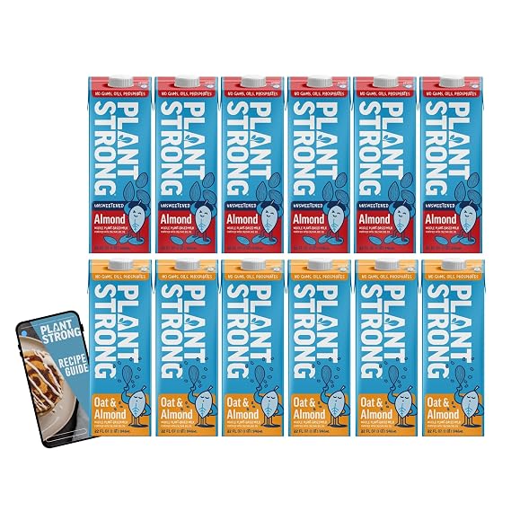 PLANTSTRONG Plant-Based Almond Milk Bundle Unsweetened Almond + Oat & Almond Milk (6-Pack each, 12 Total) | Whole Plant Milk, No Gums or Oils, Fortified with Calcium, B12 & D3 | Vegan, Non-GMO
