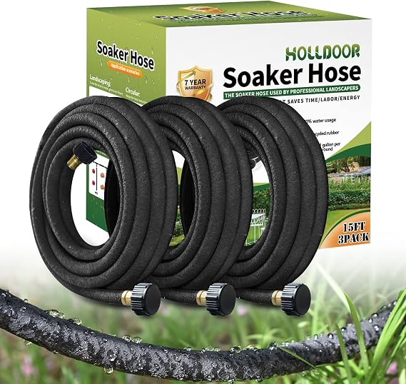 3 Pack Short Soaker Hose 15 Ft for Garden Beds, 1/2 50 ft Soaker Hose for Foundation Watering, 70% Water Saving Drip Hose Irrigation for Lawn, Landscaping, Garden (15 FEET x 3PACK, Black)