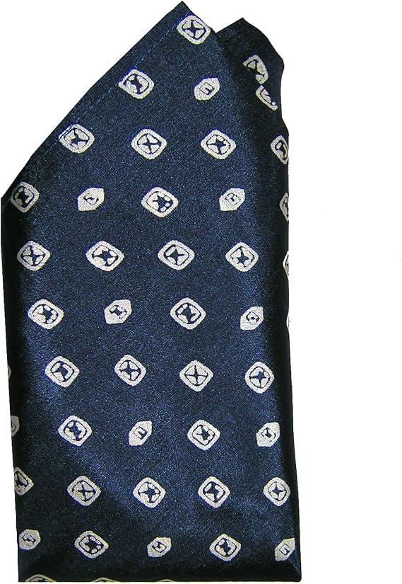 Royal Silk Eloquent Navy Deco Silk Pocket Square with White Chip Design Smooth Mulberry Silk - 100% Silk Large 16 Square