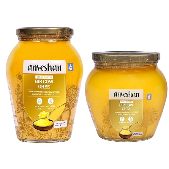 Anveshan Gir Cow Ghee 1000ML & 500ML | Grass-Fed | Pasture-Raised | Traditional Bilona Method | Rich Aroma & High Smoke Point | Ayurveda Superfood for Cooking & Wellness