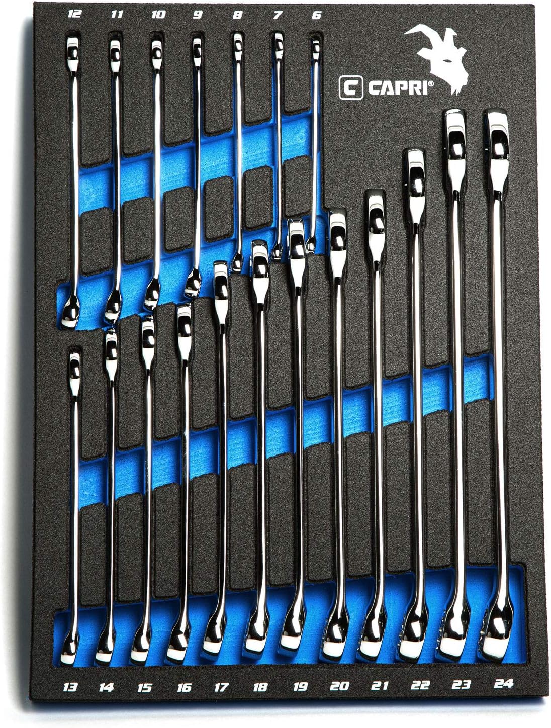 Capri Tools SmartKrome Combination Wrench Set with The Mechanic's Tray, Metric 6 to 24 mm, 19-Piece CP11390MT