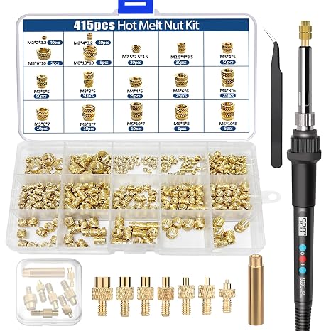 Heat Set Insert Tool Kit, 415Pcs Threaded Inserts Set Brass Nuts | Insert Tips M2 M2.5 M3 M4 M5 M6 M8, 80W Digital Soldering Iron Threaded Inserts for Inserts 3D Printing and Plastic