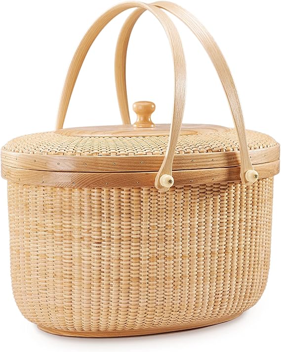 Wicker Oval Basket with Lid Natural Rattan Woven Nantucket Basket Storage Basket