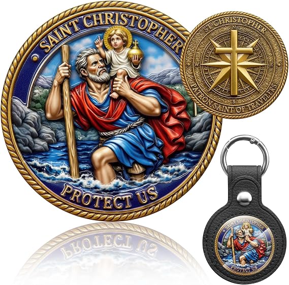 St Christopher Medal Keychain Saint Christopher Christian Religious Gifts with Leather Coin Holder