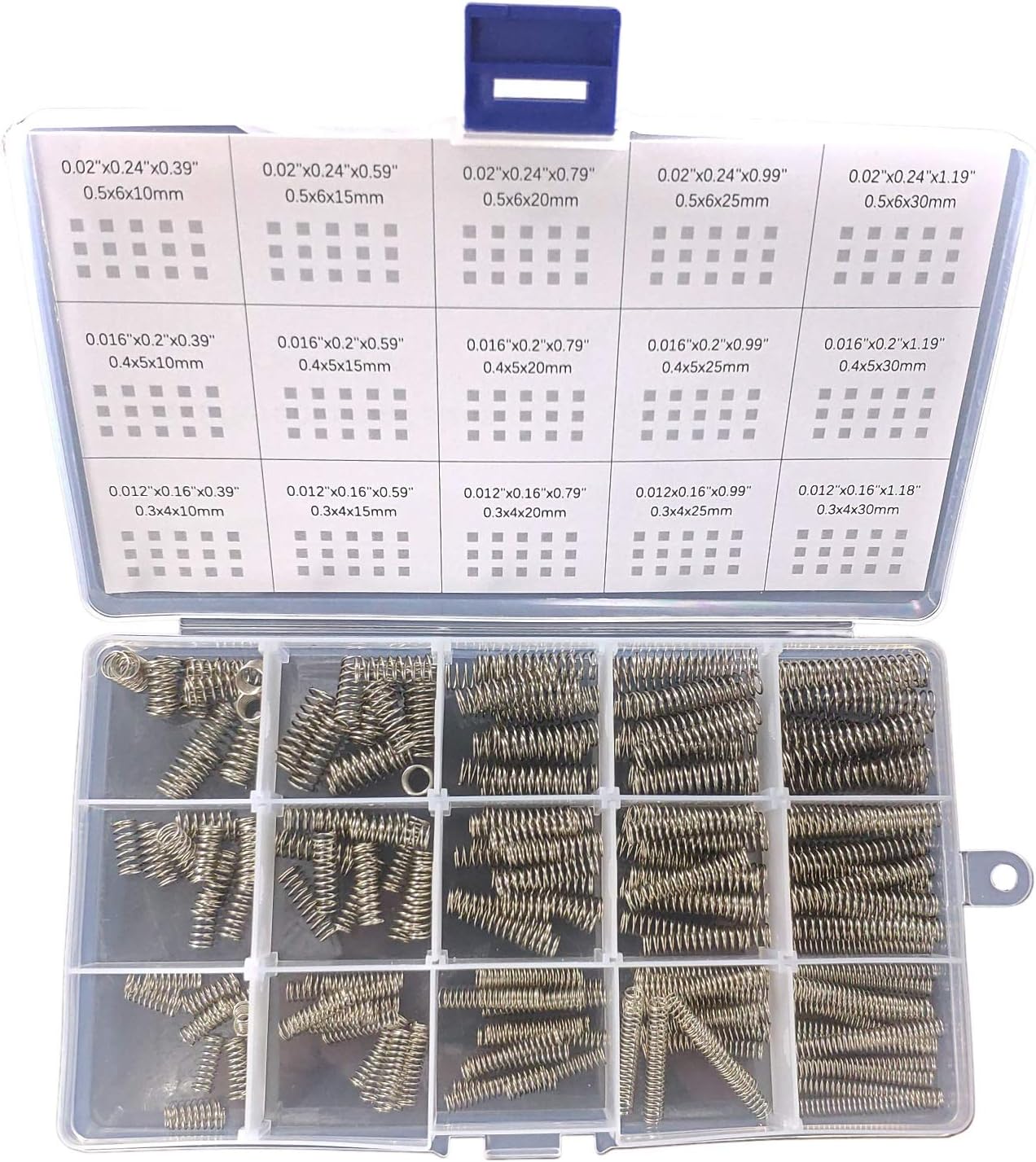 Compression Springs Assortment Kit, 15 Different Sizes 225pcs Mini Stainless Steel Springs for Repairs, 0.39" to 1.18" Length, 0.16" to 0.23" OD, 10mm - 30mm Length, 4-6mm OD