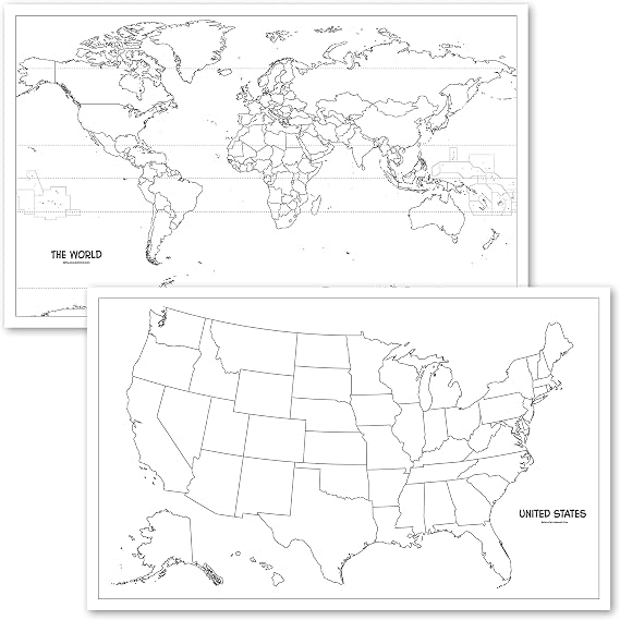 2 Pack - USA & World Map Blank Outline Posters - LAMINATED, 18" x 29" - (Wet Erase Markers Only)