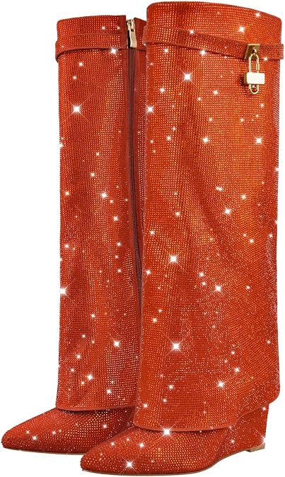 Onlymaker Women's Rhinestone Knee High Boots With Side Zipper High Heel Pointed Toe Fold Over Wedge Heel Glitter Boots