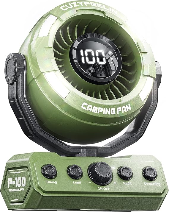 Portable Fan Rechargeable - Versatility Camping Fan with LED Lantern & Hook - USB Battery Powered, Cordless, 15-80H, 100 Speeds, 180 Oscillation - for Table, Outdoor, Tent, Travel - Green