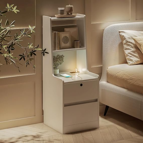 Smart Nightstand with Charging Station & 2 Storage Drawers, Wood Night Stand with Bookshelf & Voice-Controlled Night Light, Modern Bedside Table with Lock for Bedroom (White)