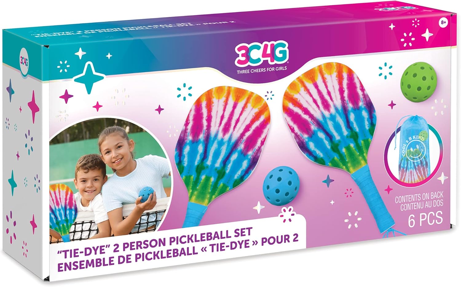 Make It Real 3C4G: Tie Dye 2 Person Pickleball Set - Play Pickleball Anywhere Your Heart Desires, Drawstring Dag Included, Three Cheers for Girls, Tween & Girls, Kids Ages 8
