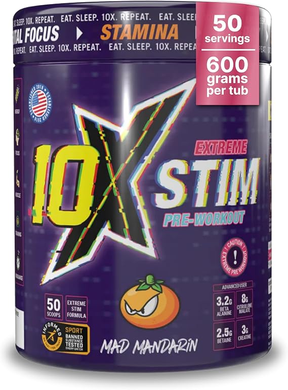 10X Athletic Stim Pre Workout Beta Alanine High Caffeine Creatine Sugar Free Vegan Low Calorie Various Flavours 600g 25/50 Servings (Mad Mandarin)