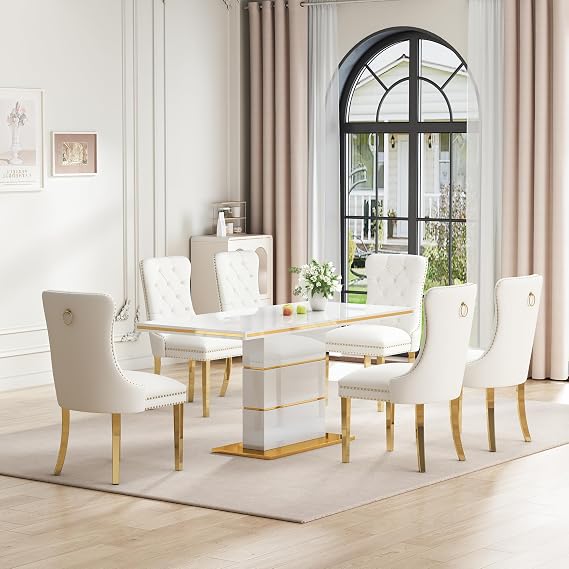 7 Piece White Modern Dining Table Set for 6 People, 63" Rectangular Kitchen Table with 6 White Velvet Upholstered Chairs, Dining Room Set