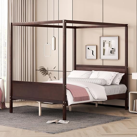 Harper & Bright Designs Queen Size Modern Canopy Bed Frame, Wooden Canopy Platform Bed with Headboard and Footboard, Slats Support, No Box Spring Needed Easy Assembly, Espresso