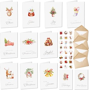 JOYIN 24 PCS Christmas Cards with Envelopes and Stickers, 12 White Different Designs Simplicity Bulk Xmas Greeting Cards 4" x 6" Inches for Wintertime Season, present Giving to Friends and Family