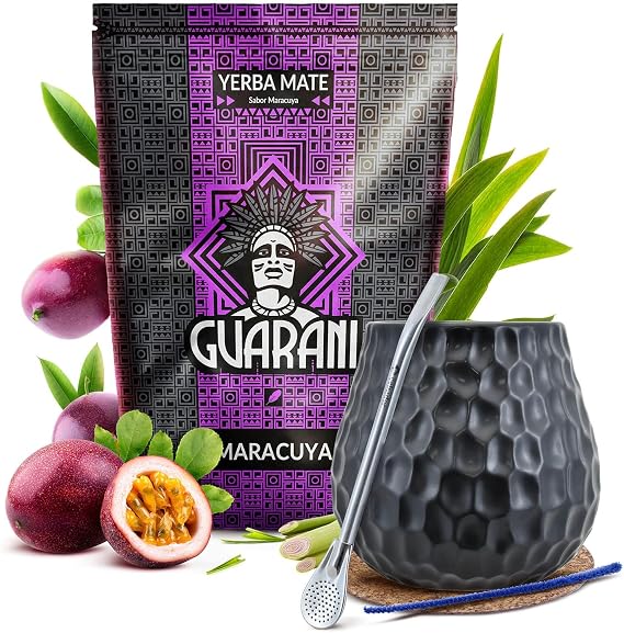 Set of yerba mate with accessories | Guarani Maracuya | Fruity yerba mate | Calabash, bombilla and accessories | Natural caffeine | Paraguayan yerba mate | 500g | 0.5kg
