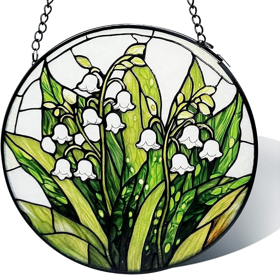 Stained Glass Window Hanging, Lily of The Valley Flower Sun Catchers Colorful Glass Panel Green Plants Suncatcher Decor for Birthday for Women,Men,Wife, Lovers, and Mom 6.3 in