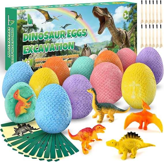 Dinosaur Easter Eggs Digging Kit,12 Dinosaur Eggs & Dinosaur Toys, Archaeological Science boys toys, Easter Gifts, Fossil Digging Kit for Boys & Girls Aged 3-12 (Colorful)