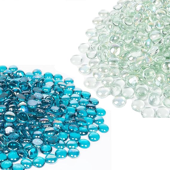 GASPRO 10LB High Luster Caribbean Blue Fire Glass Beads and 10LB Clear Fire Glass Beads for Propane Fire Pit, Fireplace, Flat Glass Marbles for Vase, Aquarium, Garden