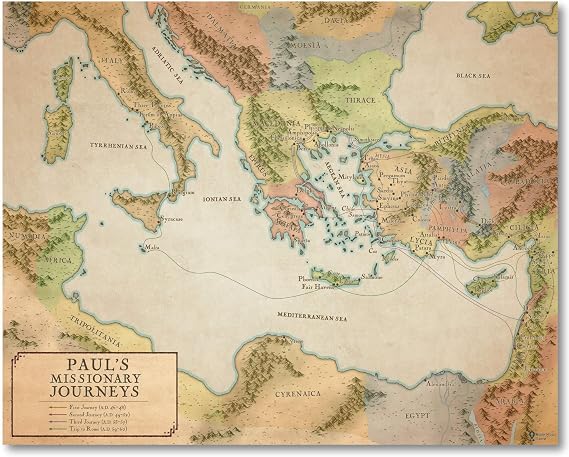 Pauls Missionary Journeys Bible Poster - Early Church Artwork for Classroom, Biblical map of Ancient Christian World, Religious Home Decor (16x20")