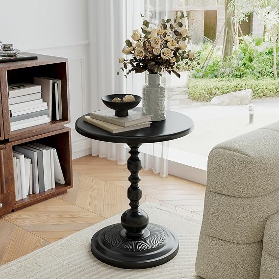 Pinmoco Round Side Table, Modern Black End Table with Decorative Pedestal Base, Accent Table for Living Room, Bedroom, Sofa Side, Reading Nook, Small Space Furniture