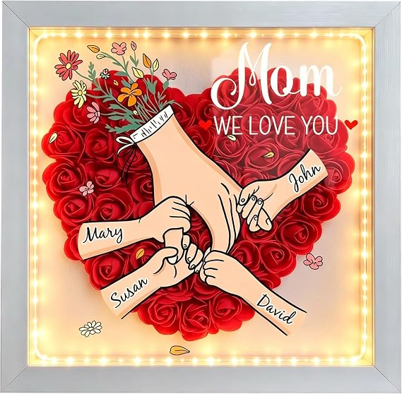 Personalized Mom Flower Shadow Box with LED Light, Holding Hand Flower Shadow Box with Kid's Name, Custom Light Up Picture Frame, Mother's Day Shadow Box Frame for Birthday, Tabletop or Wall Hanging