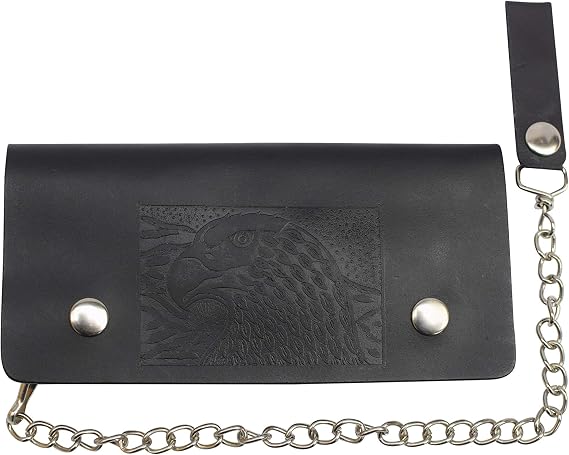 MARSHAL Men's Genuine Leather Long Chain Biker Wallet Black Billfold Trucker (Eagle Black)