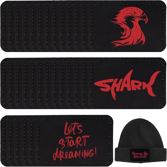 30 Pack Blank Leatherette Hat Patch with Adhesive, Rectangle Laserable Leatherette Patch, Faux Leather Patches for Hats Custom Fabric Repair Sew Laser Supplies (Black Red, 3 x 2 Inches)