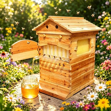 Bee Hives Boxes Starter Kit,Flow Hive Beehive (Includes 7 Frames), Wooden Flow-Hive Beekeeping Starter Kit, A Complete Observation,Designed specifically for Home Gardens